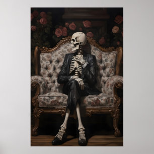 Skelett auf Sofa sitzend Druck, viktorianisch flor Poster