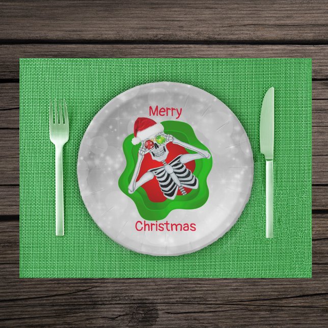 Skelett Augen Ornamente Weihnachtsmannmütze Weiße  Pappteller (Fun Skeleton Ornament eyes Santa Hat in splatter shape on white circles Christmas paper party plates)