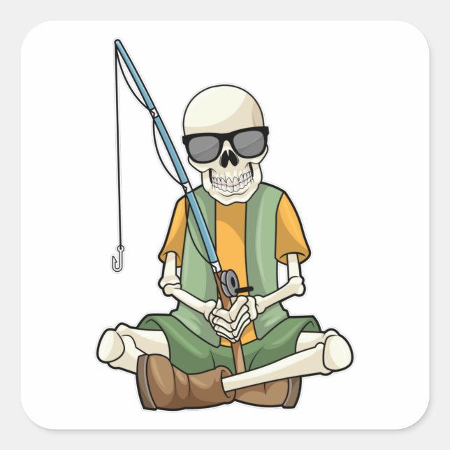 Skelett beim Angeln mit Angelrute Quadratischer Aufkleber (Vorderseite)