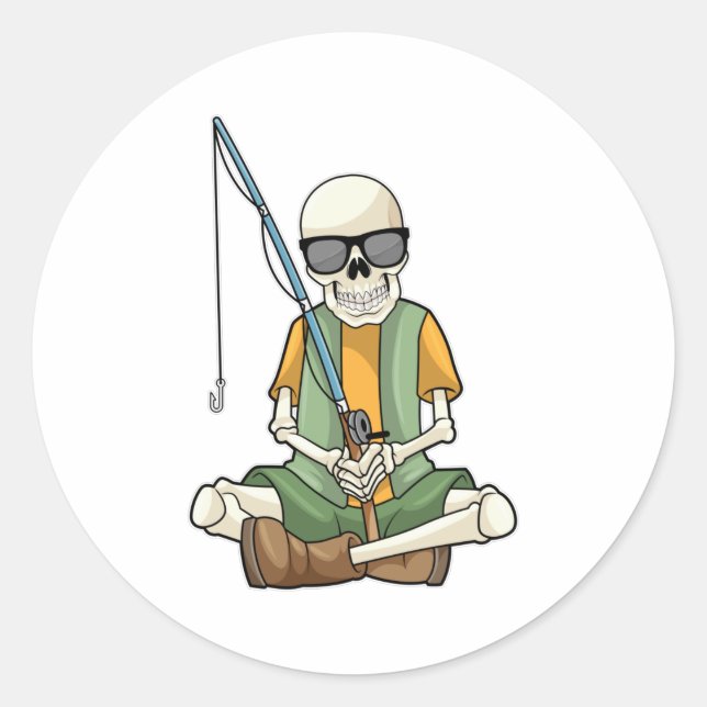Skelett beim Angeln mit Angelrute Runder Aufkleber (Vorderseite)