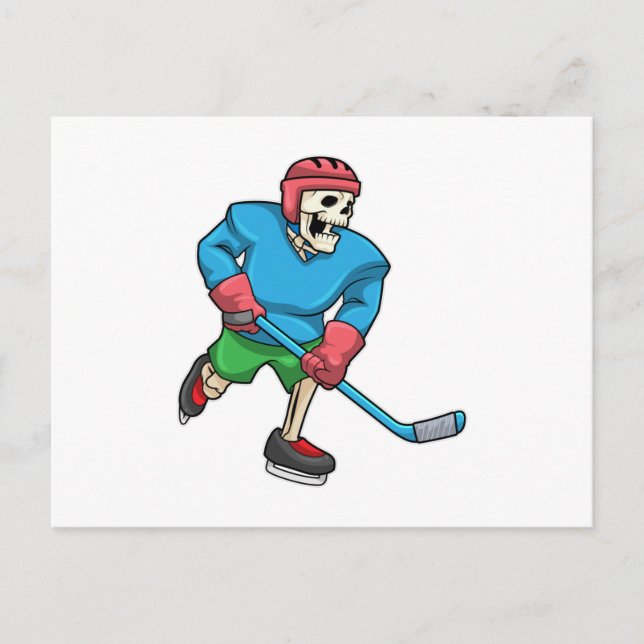 Skelett beim Eishockey mit Eishockeyschläger Postkarte (Vorderseite)