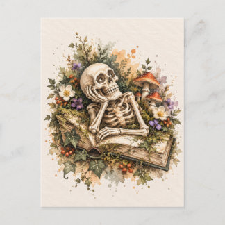 Skelett-Buchliebhaber-Gotische-Aquarell-Postkarte Feiertagspostkarte