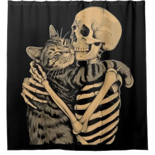 Skelett, das eine Katze umarmt – Süßes Geschenk fü Duschvorhang