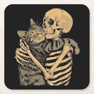Skelett, das eine Katze umarmt – Süßes Geschenk fü Rechteckiger Pappuntersetzer