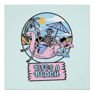 Skelett-Flamingo-Schwimmkörper am Strand des Leben Poster