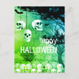 Skelett Frohes Halloween Grüne Nacht mit Totenköpf Feiertagspostkarte