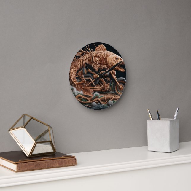 Skelett fuhr seinen Chopper mit dem Fahrrad durch  Runde Wanduhr (Büro)