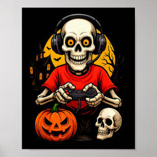 Skelett-Gamer spielt Videospiele Halloween-Schreck Poster