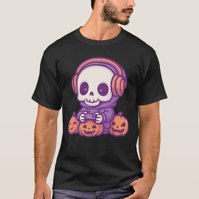 Skelett Halloween-Schädel-Gamer-gruselige Kürbis-S T-Shirt (Vorderseite)