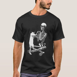 Skelett hält Halloween-Katze T-Shirt