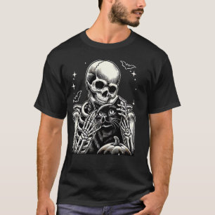 Skelett hält Halloween-Kostüm Katze Schädel Katze T-Shirt
