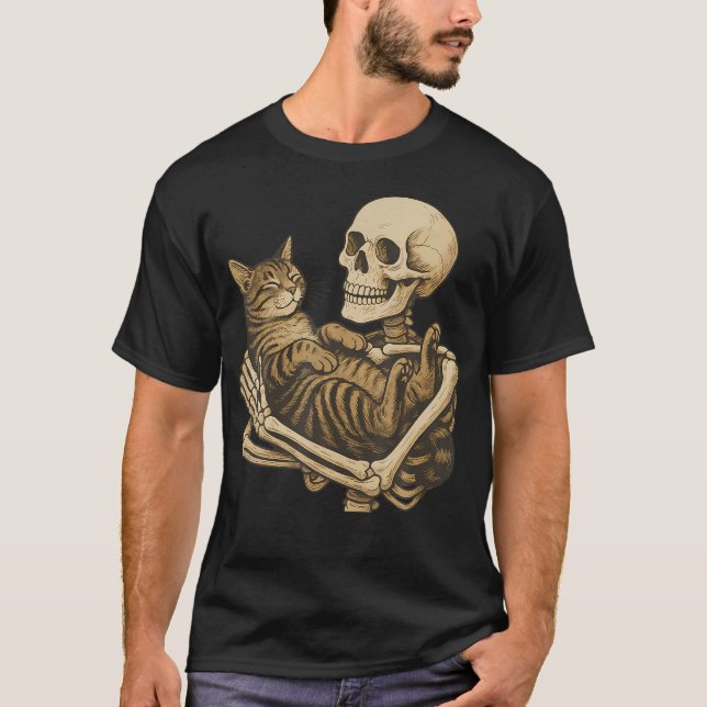 Skelett hält Katze T-Shirt (Vorderseite)