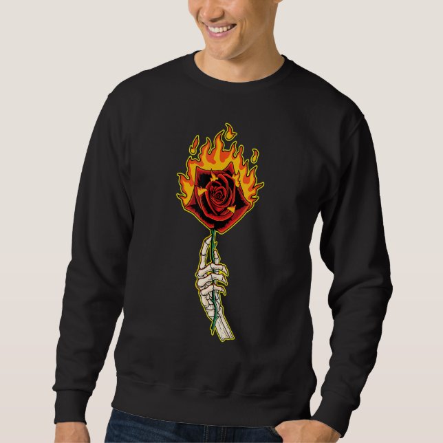 Skelett Hand mit Rose Blume am Feuer Sweatshirt (Vorderseite)