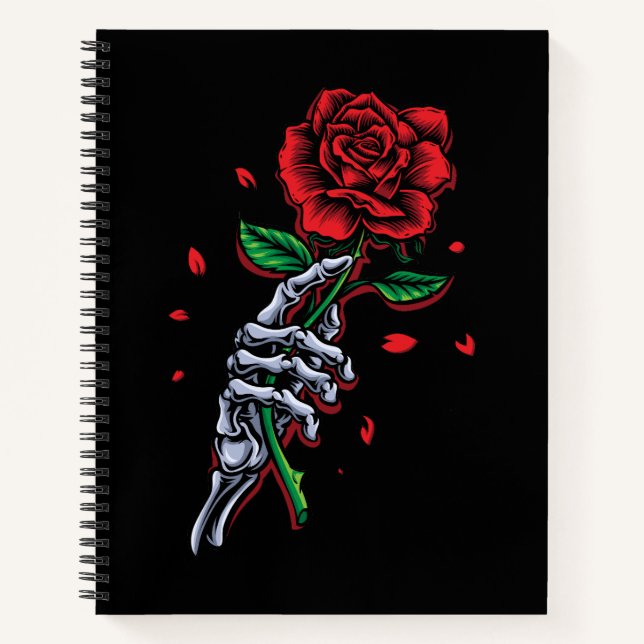 Skelett Hand mit Rose - Gotische Romantik Kunst Notizbuch (Vorderseite)