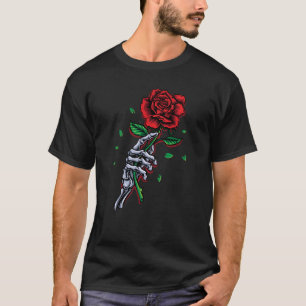 Skelett-Hand rote Rose Blume T-Shirt
