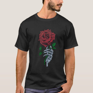 Skelett-Hand-Rote-Rose-Blume T-Shirt