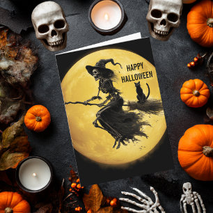 Skelett Hexe Katze Mond Grusel Horror Halloween Karte