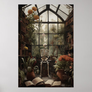 Skelett im botanischen verlassenen Bibliotheksdruc Poster