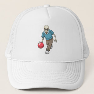 Skelett im Bowling mit Bowlingball Truckerkappe