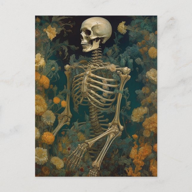 Skelett in den Blume Postkarte (Vorderseite)