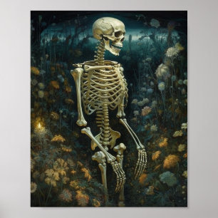 Skelett in den Blumen bei Nacht Poster