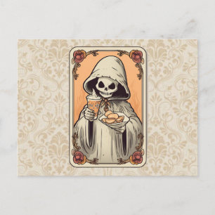 Skelett in einem Cloak Coffee Leckereien Tarot Hal Feiertagspostkarte
