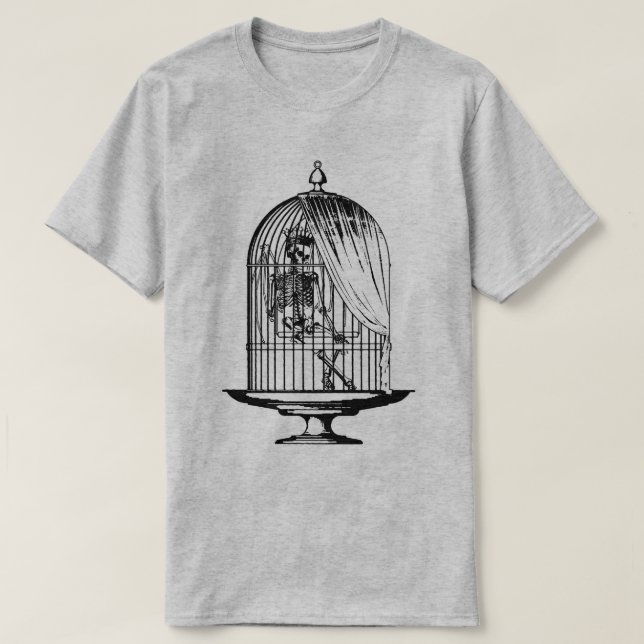 Skelett in einem Vogelkäfig T-Shirt (Design vorne)