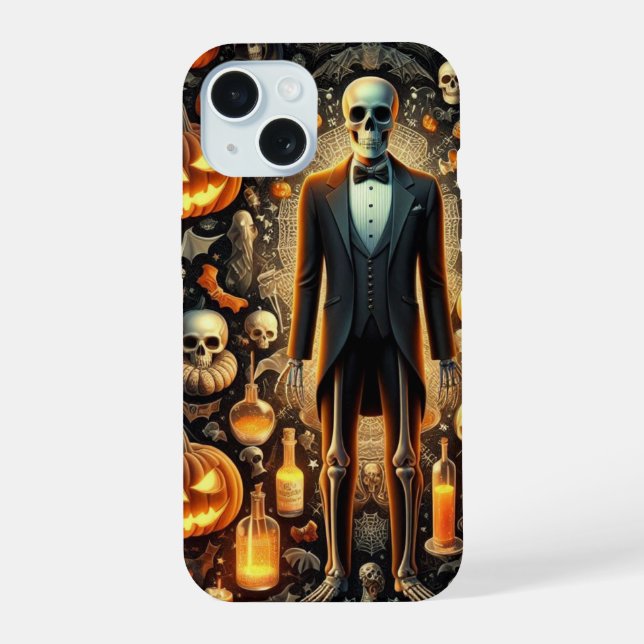 Skelett in Tuxedo, Pumpkins, Tränke iPhone 15 Hülle (Rückseite)