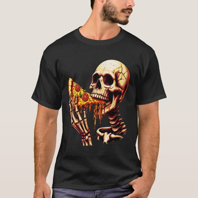 Skelett isst Pizza T-Shirt (Vorderseite)