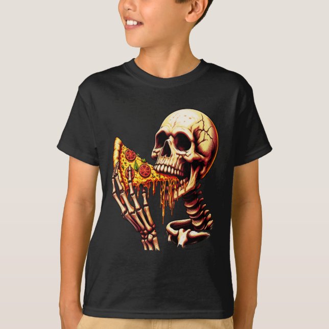 Skelett isst Pizza T-Shirt (Vorderseite)