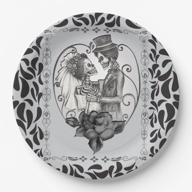 Skelett Liebespaar Hochzeitstanz Gothic Hochzeit Pappteller (Vorderseite)