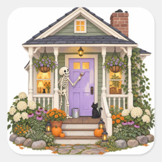 Skelett malt die Veranda violett Halloween-Stick Quadratischer Aufkleber
