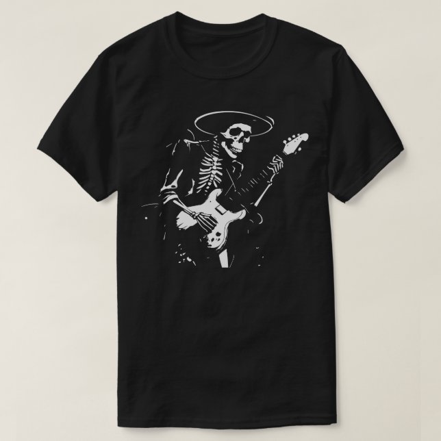 Skelett mit Gitarre spielen T-Shirt (Design vorne)