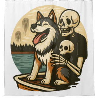 Skelett mit Hund auf einem gespenstischen See Horr Duschvorhang