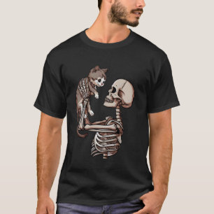 Skelett mit Katze Faules Halloween-Kostüm Schädel T-Shirt