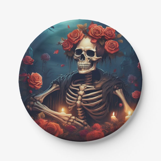Skelett mit Krone von Rose Pappteller (Vorderseite)
