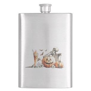 Skelett mit Kürbis und trinken. Halloween. Flachmann