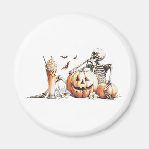 Skelett mit Kürbis und trinken. Halloween. Magnet
