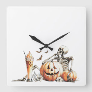 Skelett mit Kürbis und trinken. Halloween. Quadratische Wanduhr