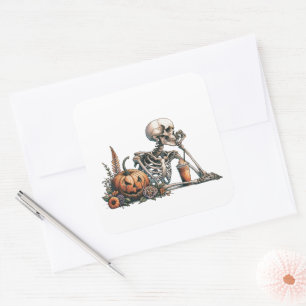 Skelett mit Kürbis und trinken. Halloween Quadratischer Aufkleber