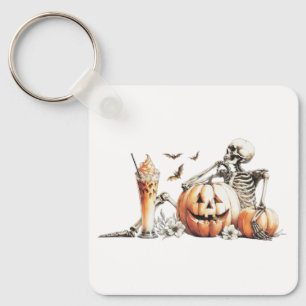 Skelett mit Kürbis und trinken. Halloween. Schlüsselanhänger