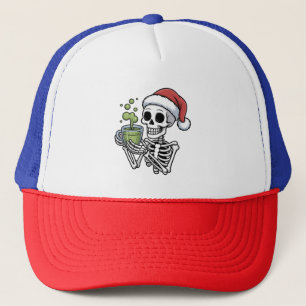 Skelett mit Matcha-Getränk und Santa-Hut Truckerkappe