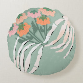 Skelett mit Pumpkin Bouquet Rundes Kissen