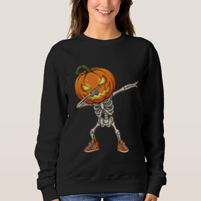 Skelett mit Pumpkin Head Dab Dance Halloween Sweatshirt (Vorderseite)
