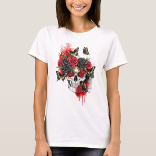 Skelett mit roten schwarzen Rose und Schmetterling T-Shirt