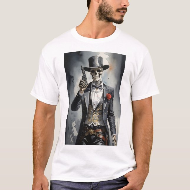 Skelett mit schwarzem Smoking mit Revolver T-Shirt (Vorderseite)