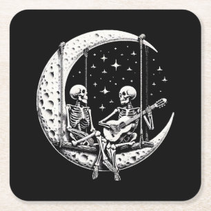 Skelett-Paar-Mond-Gitarre Rechteckiger Pappuntersetzer