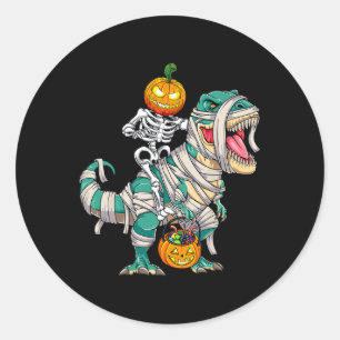 Skelett Riding Mummy Dinosaur T rex Halloween Pum Runder Aufkleber