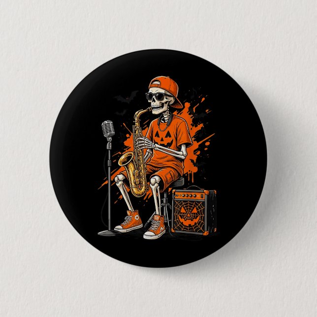 Skelett Saxophon Halloween Lustiger Saxophonist Mä Button (Vorderseite)