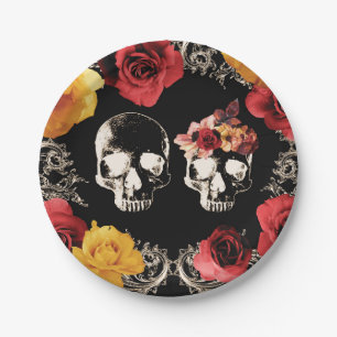 Skelett-Schädel Rot Gelb Herbst Floral Hochzeit   Pappteller